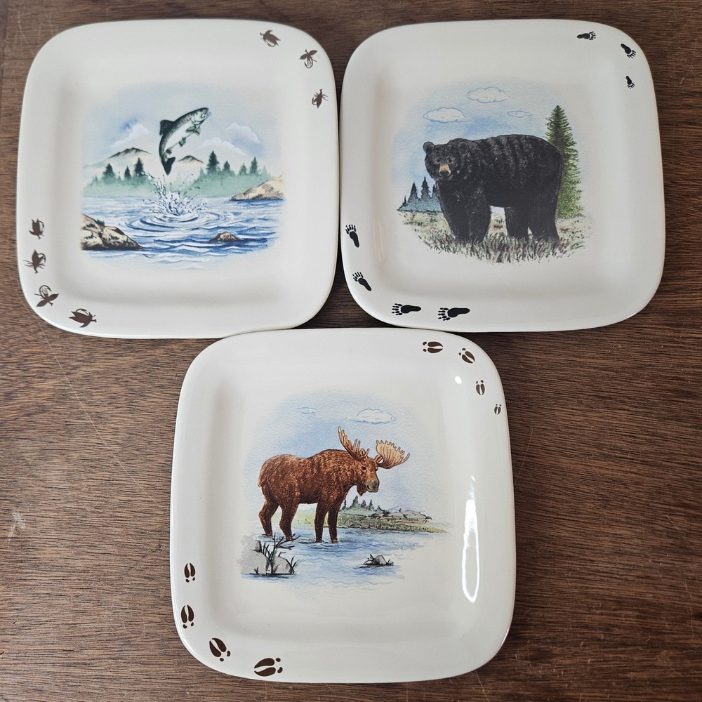 New Debco Wildlife Ceramic Square Plates‎ Set of 3 Bear Moose Trout Lodge Decor
